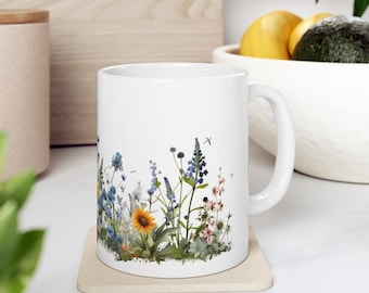 Pressed Wildflower Coffee Mug, Vintage Botanical Design