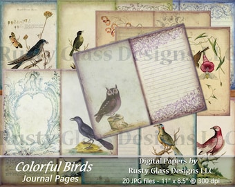 Junk Journal Pages / Bird Themed Journal Pages / Vintage Birds / Shabby Chic Journal / Printable Journal, "Colorful Birds"