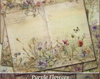Purple Wildflowers Junk Journal Pages, Botanical Garden (Digital Download)