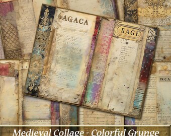Printable Junk Journal Pages, Medieval Collage Colorful Grunge Digital Journal Pages, Colorful Grunge Journal Paper, Shabby Chic Papers