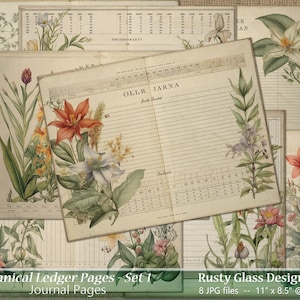 Zestaw stron Botanical Ledger 1 / Strony Junk Journal / Wydrukowany Junk Journal / Papier Ledger Journal / Botanical Junk Journal