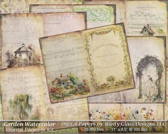 Garden Watercolor Junk Journal Kit, Ephemera Pages (Digital Download)