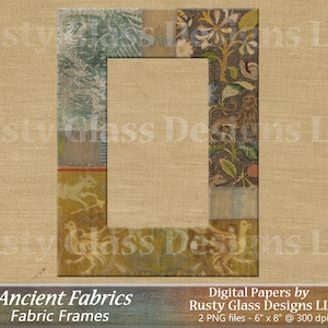 May include: Two digital paper files featuring vintage fabric patterns with floral and animal motifs. The patterns are in shades of brown, green, blue, and gold. The papers are 15.24 cm by 20.32 cm and 300 dpi.