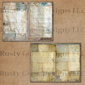 May include: Two pages of a vintage journal with lined paper and decorative paper scraps. The pages are distressed and have a rustic look. The journal is perfect for scrapbooking, journaling, or other creative projects.