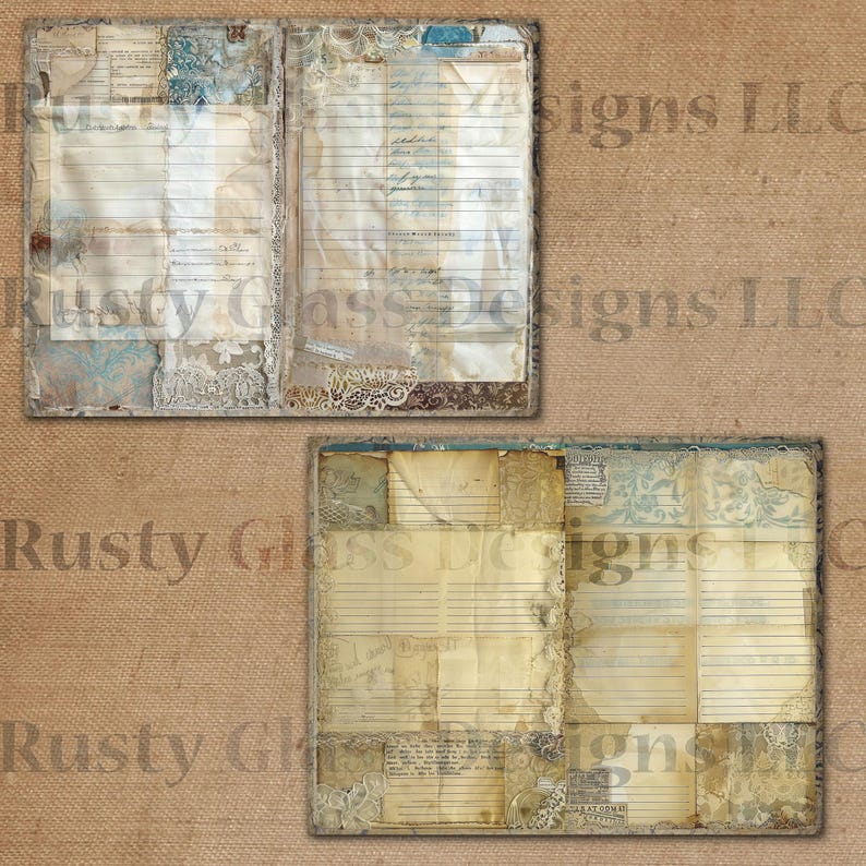 May include: Two pages of a vintage journal with lined paper and decorative paper scraps. The pages are distressed and have a rustic look. The journal is perfect for scrapbooking, journaling, or other creative projects.
