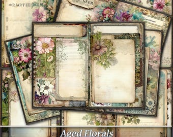 Botanical Floral Junk Journal Pages, Shabby Chic Ephemera (Digital Download)