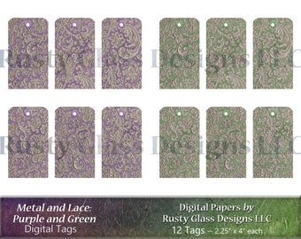 Digital Tags / Printable Tags / Gift Tags / Digital Download / Digital Papers / scrapbook / Junk Journal / Metallic Lace, Purple and Green