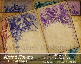 Junk Journal / Digital Journal Pages / Junk Journal Pages / Digital Papers / Digital Paper pack / Printable Journal,  &quot;Birds & Flowers&quot;