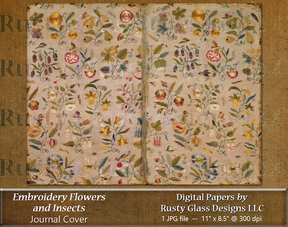 Digital Journal Cover, "Embroidery Flowers and Insects" / Digital Papers / Junk Journal pages / Junk Journal Cover / Journaling / Bookcover
