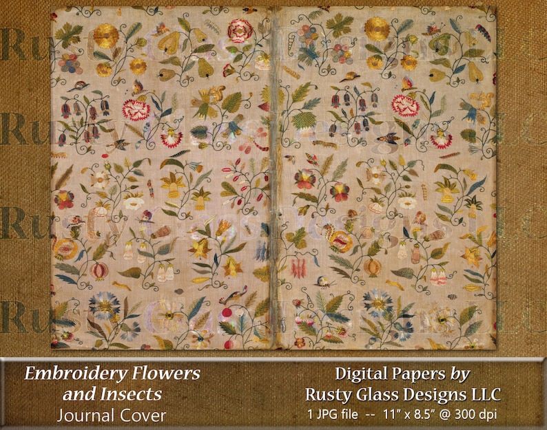 K&ouml;nnte beinhalten: Ein digitales Papier mit einem Vintage-Stickmuster aus Blumen und Insekten auf beigefarbenem Hintergrund. Das Design ist perfekt f&uuml;r die Erstellung von Journal-Covern, Scrapbook-Seiten und anderen Bastelprojekten.