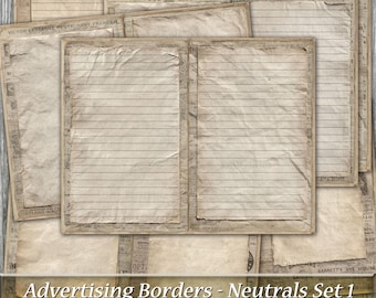 Neutral Junk Journal Pages, Antique Advertising Borders, Lined Blank (Digital Download)