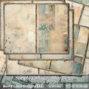 Junk Journal Seiten, Einfaches Collage Junk Journal in Blau Beige Tönen, blanko und liniert Journal Papiere, printable Journal Seiten
