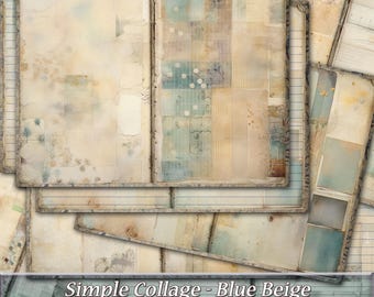 Blue Beige Junk Journal Pages, Printable Collage Papers (Digital Download)