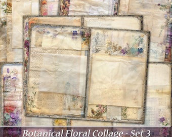 Shabby Botanical Floral Collage Junk Journal Pages Set 3, Shabby Chic Floral Junk Journal, Grunge Collage Journal, Afdrukbaar Floral Journal