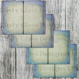 May include: Five open vintage-style journals with blue and green watercolor backgrounds and lined pages. The journals are stacked on a weathered wood background.