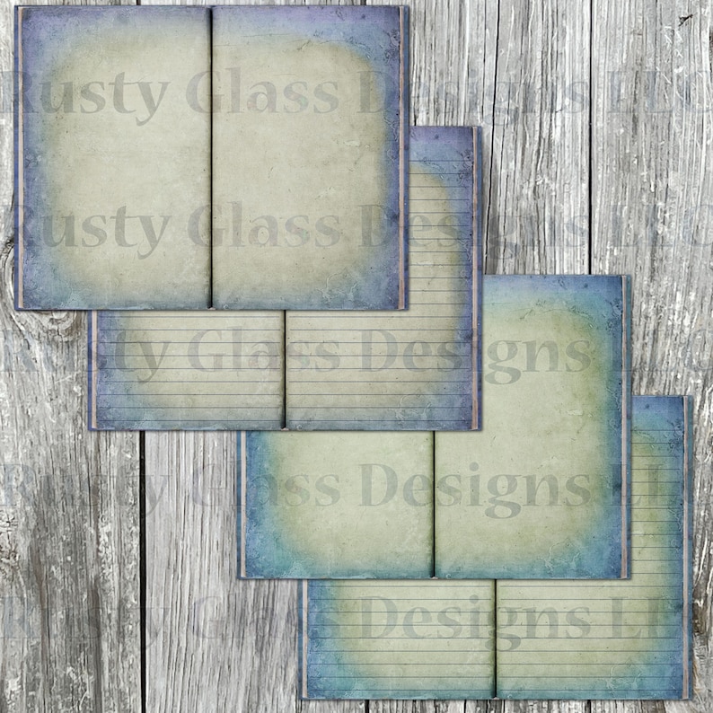 May include: Five open vintage-style journals with blue and green watercolor backgrounds and lined pages. The journals are stacked on a weathered wood background.