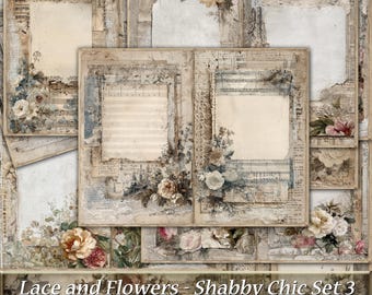 Antique Lace Flowers Junk Journal Pages, Shabby Chic Ephemera Set 3 (Digital Download)