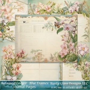 Botanical Ledger Journal Pages, &quot;Blue Frames&quot; / Printable Junk Journal / Floral journal pages / Botanical Journal Paper / Tropical Florals