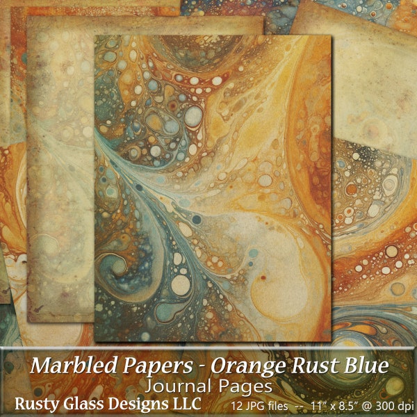 Textured Marbled Papers, Orange Rust Blue Journal Pages, Marbled Background Paper, Printable Junk Journal, Shabby Chic Junk Journal Paper