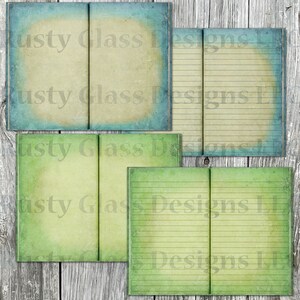 May include: Four digital paper pages with a vintage look. Two pages are green with a faded blue border and two pages are beige with a faded blue border. The pages are lined for writing.