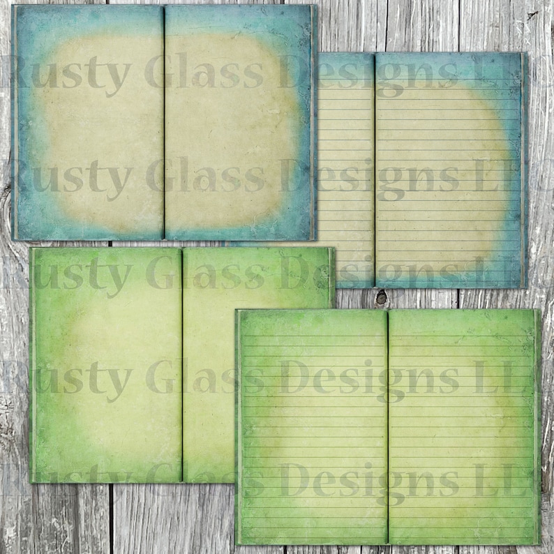 May include: Four digital paper pages with a vintage look. Two pages are green with a faded blue border and two pages are beige with a faded blue border. The pages are lined for writing.