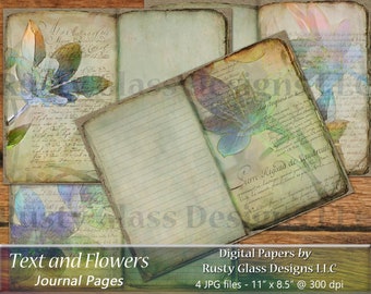 Junk Journal / Digitale Journal Seiten / Junk Journal Seiten / Digitale Papiere / Digital Paper pack / Printable Journal, ""Text und Blumen""