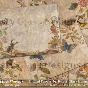 Insects and Flowers Junk Journal Pages / Grunge Botanical Journal / Printable Journal / Blank and Lined Pages / Shabby Chic Floral Journal