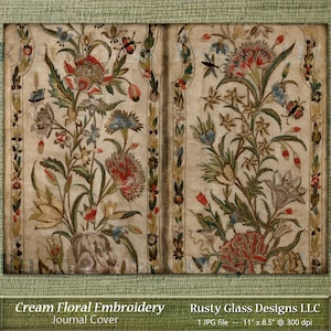 Digitales Journal Cover / Junk Journal / Embroidery Journal / Blumen Journal / Journal Cover, "Creme Floral Embroidery"