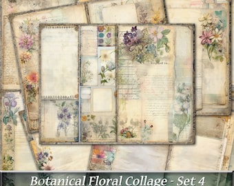 Shabby Chic Floral Junk Journal, Shabby Botanical Floral Collage Junk Journal Pages, Set 4, Grunge Collage Journal, Afdrukbaar Floral Journal