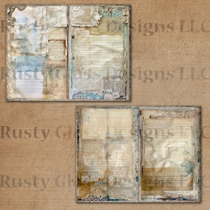 May include: Two open vintage-style journals with lined pages. The pages are decorated with lace, paper scraps, and other ephemera. The journals are bound in brown leather with gold accents.