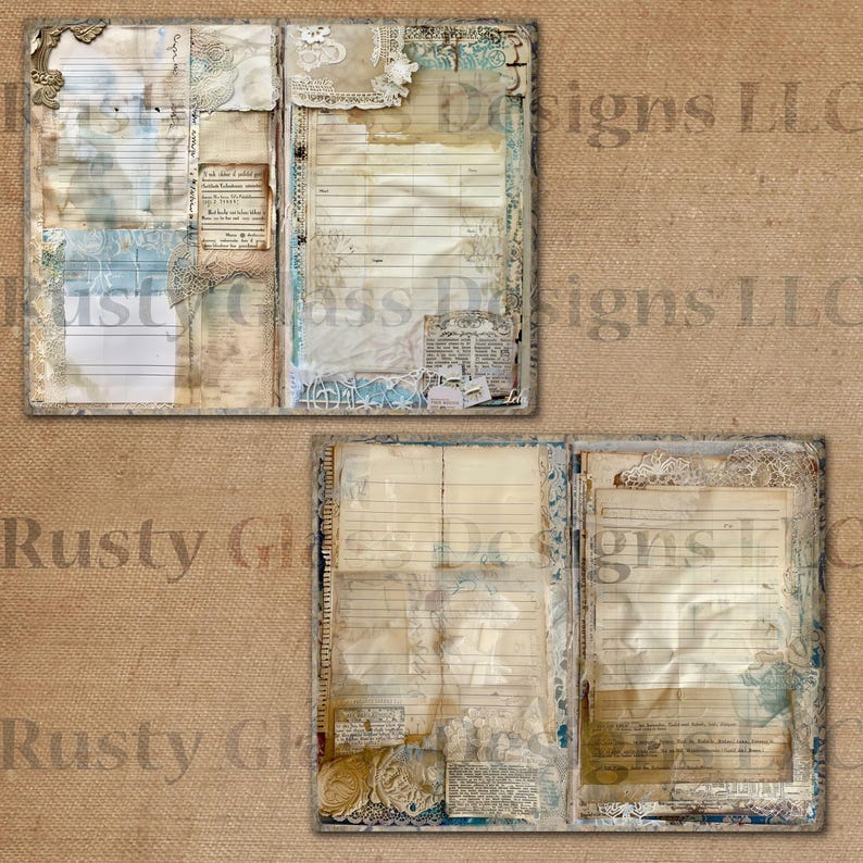 May include: Two open vintage-style journals with lined pages. The pages are decorated with lace, paper scraps, and other ephemera. The journals are bound in brown leather with gold accents.