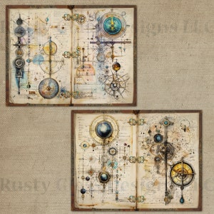 May include: Two open pages of a vintage book with intricate drawings of gears, circles, and other geometric shapes. The pages are aged and have a yellowed tint. The drawings are in shades of brown, blue, and gold.