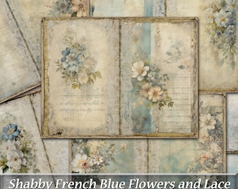 Shabby French Blue Flowers and Lace Printable Junk Journal Pages, Floral Grunge Collage Paper, Shabby Chic Floral Journal Pages