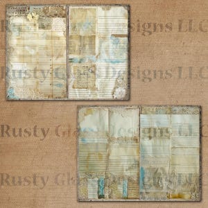 May include: Two open vintage journals with pages filled with handwritten notes, faded ink, and decorative paper scraps. The pages are a mix of cream, white, and light blue. The journals are on a brown hessian background.