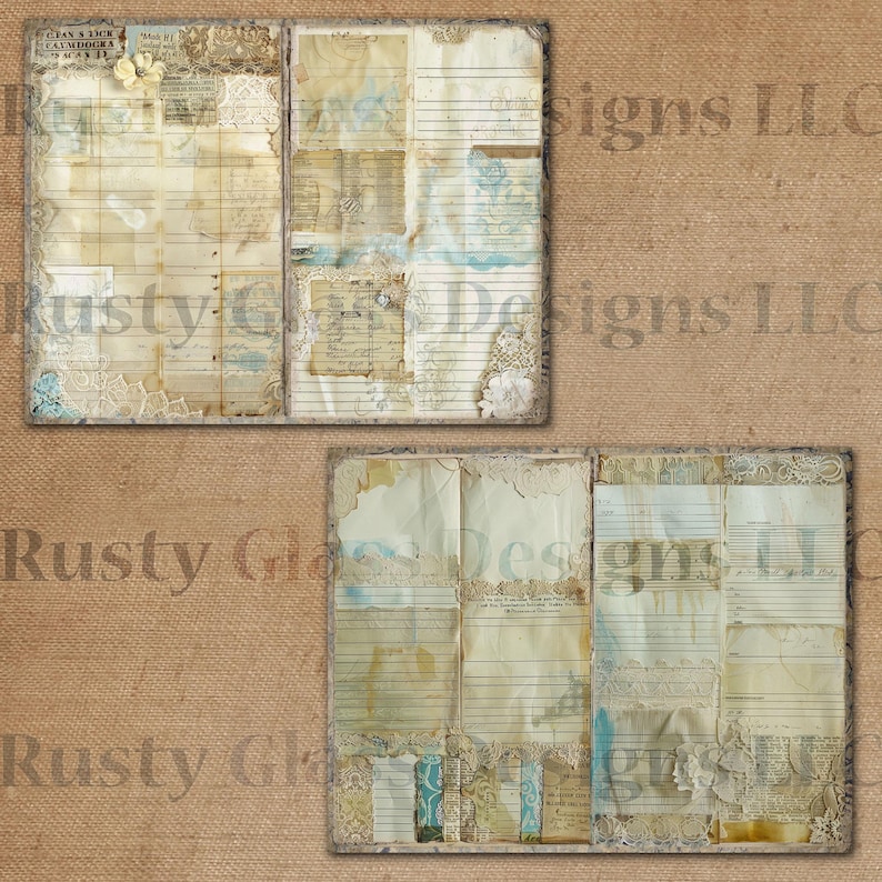 May include: Two open vintage journals with pages filled with handwritten notes, faded ink, and decorative paper scraps. The pages are a mix of cream, white, and light blue. The journals are on a brown hessian background.