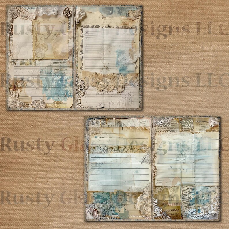 May include: Two pages of a vintage journal with a distressed, aged look. The pages are filled with various textures, including lace, paper, and fabric. The pages have lined areas for writing.