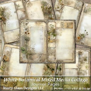 Weiße Botanische Mixed Media Collage Junk Journal Seiten, Printable Journal Papier, Schäbige Neutrale hell Botanische Blumen Journal Seiten