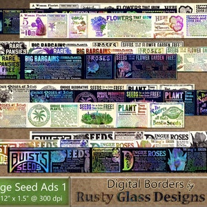 Digitale Bordüren, "Vintage Seed Ads 1" / vintage Werbung / Blumen / Scrapbook / Gartenarbeit / Blumen / Clipart / Borten / Washi Tape