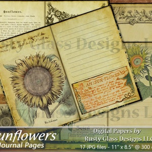 Sunflower Junk Journal Pages, Shabby Chic Printable Journal, Digital Junk Journal Papers, Sunflower Poetry Ephemera, Antique Garden Ephemera