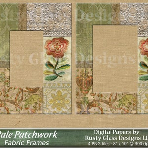 Puede incluir: Cuatro marcos de papel digital con un diseño de patchwork que presenta bordados florales, un pájaro y patrones geométricos. Los marcos miden 20,32 cm por 25,4 cm y 300 dpi.
