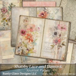 Kit de carnet de notes damassé et dentelle défraîchie, pages imprimables de carnet de voyage, fleurs et papillons, papiers unis et d'arrière-plan, compléments de carnet