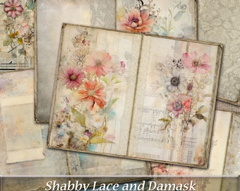 Shabby Lace Junk Journal Kit, Damask Flowers and Butterflies (Printable)