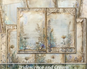 Floral Iridescent Junk Journal Pages, Shabby Chic Ephemera (Digital Download)
