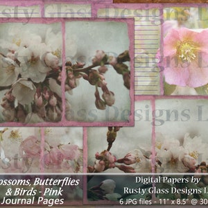 Ongewenste dagboekpagina's, roze bloesems, vlinders en vogels / Digitale dagboekpagina's / Ongewenste dagboek / Digitale documenten / Afdrukbaar dagboek