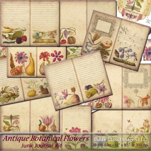 Antique Botanical Flowers Junk Journal Kit / Junk Journal Pages / Printable Journal / Blank and Lined Pages / Journal Ephemera / Shabby Chic