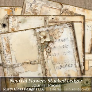 Páginas imprimibles de diario basura con flores neutras y efímeras, páginas de contabilidad apiladas en tonos neutros, papeles de diario con capas florales de estilo shabby chic