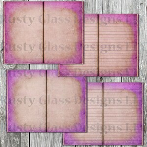 May include: Four pages of a vintage journal with a purple and brown ombre effect. The pages are lined and have a distressed look. The text "Rusty Glass Designs" is visible on the pages.