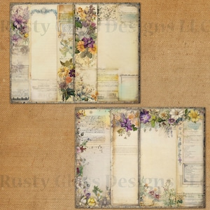 May include: Two printable journal pages with floral borders. The top page has a purple, yellow, and white floral border with a vintage background. The bottom page has a purple, white, and yellow floral border with a vintage background.