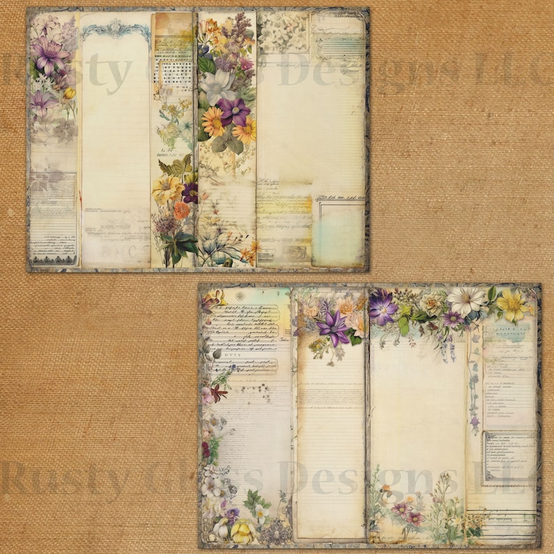 May include: Two printable journal pages with floral borders. The top page has a purple, yellow, and white floral border with a vintage background. The bottom page has a purple, white, and yellow floral border with a vintage background.