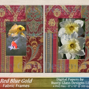 Digital Photo Frames / Red Gold Fabric Frames / Printable Picture Frame / Digital Scrapbook Frame / Picture Frame / Fabric Frame
